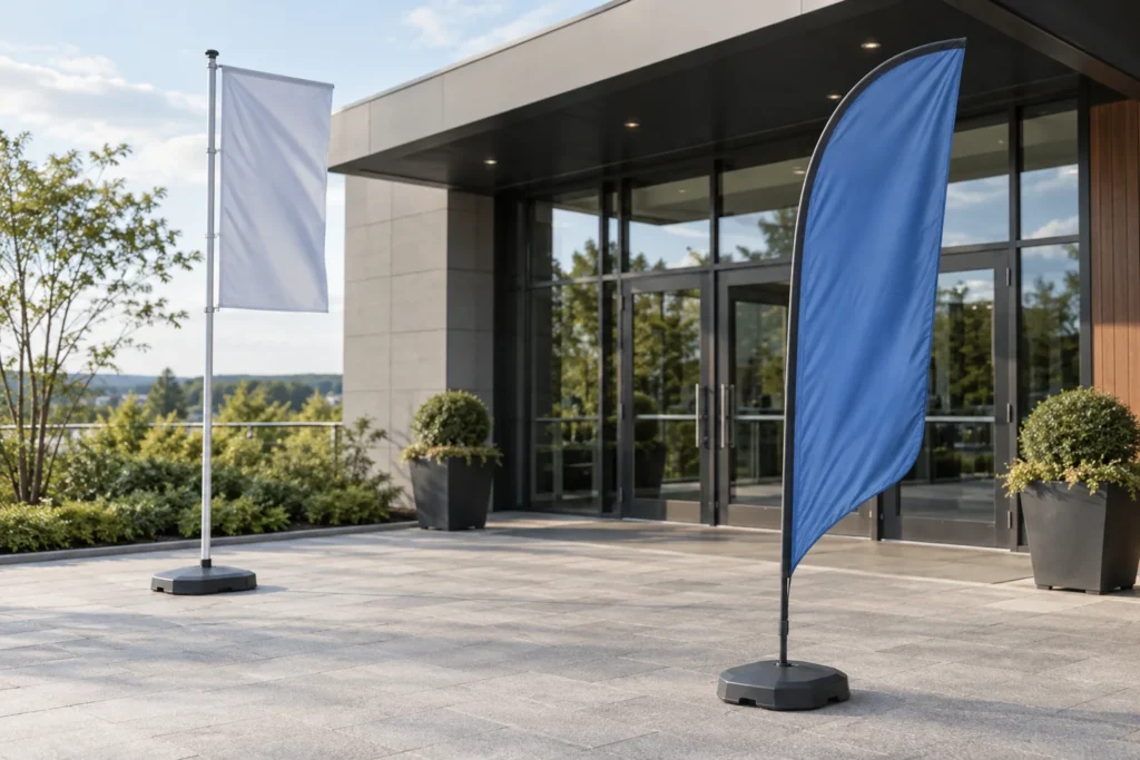 Straight flagpole and feather display flag outside an event entrance — application concept