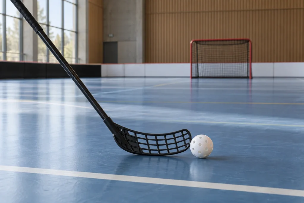 Floorball stick and ball on an indoor court — application concept