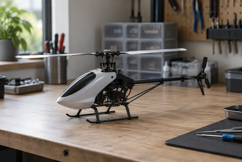 RC model helicopter at rest on a hobby workbench — application concept