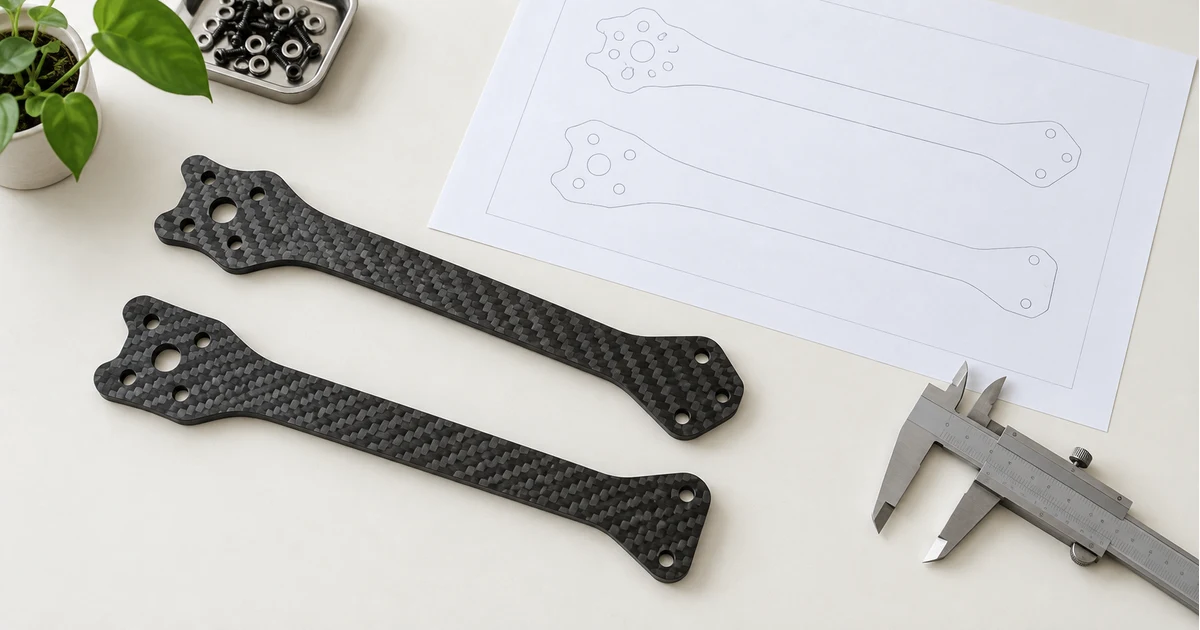 Illustration of generic carbon fiber arm plates beside undimensioned outlines and an unused caliper.