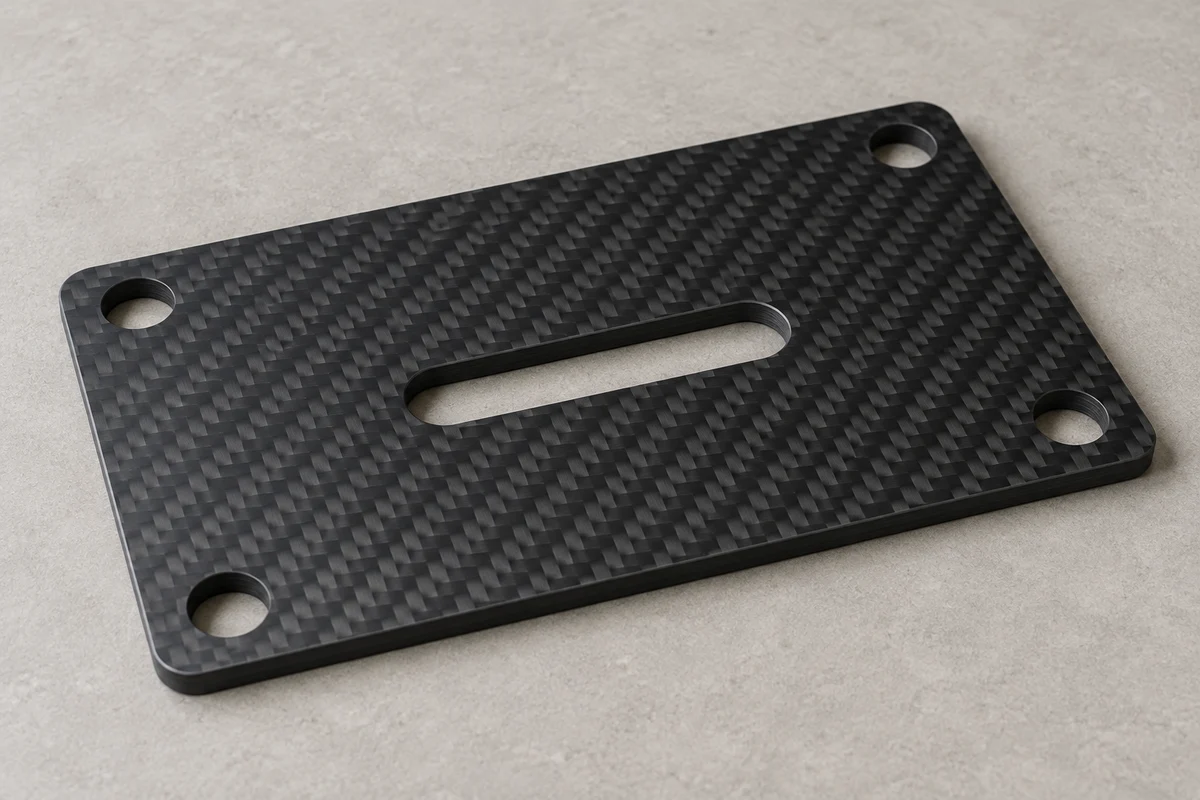 Flat carbon fiber mounting plate showing four through holes, a central slot and machined edges