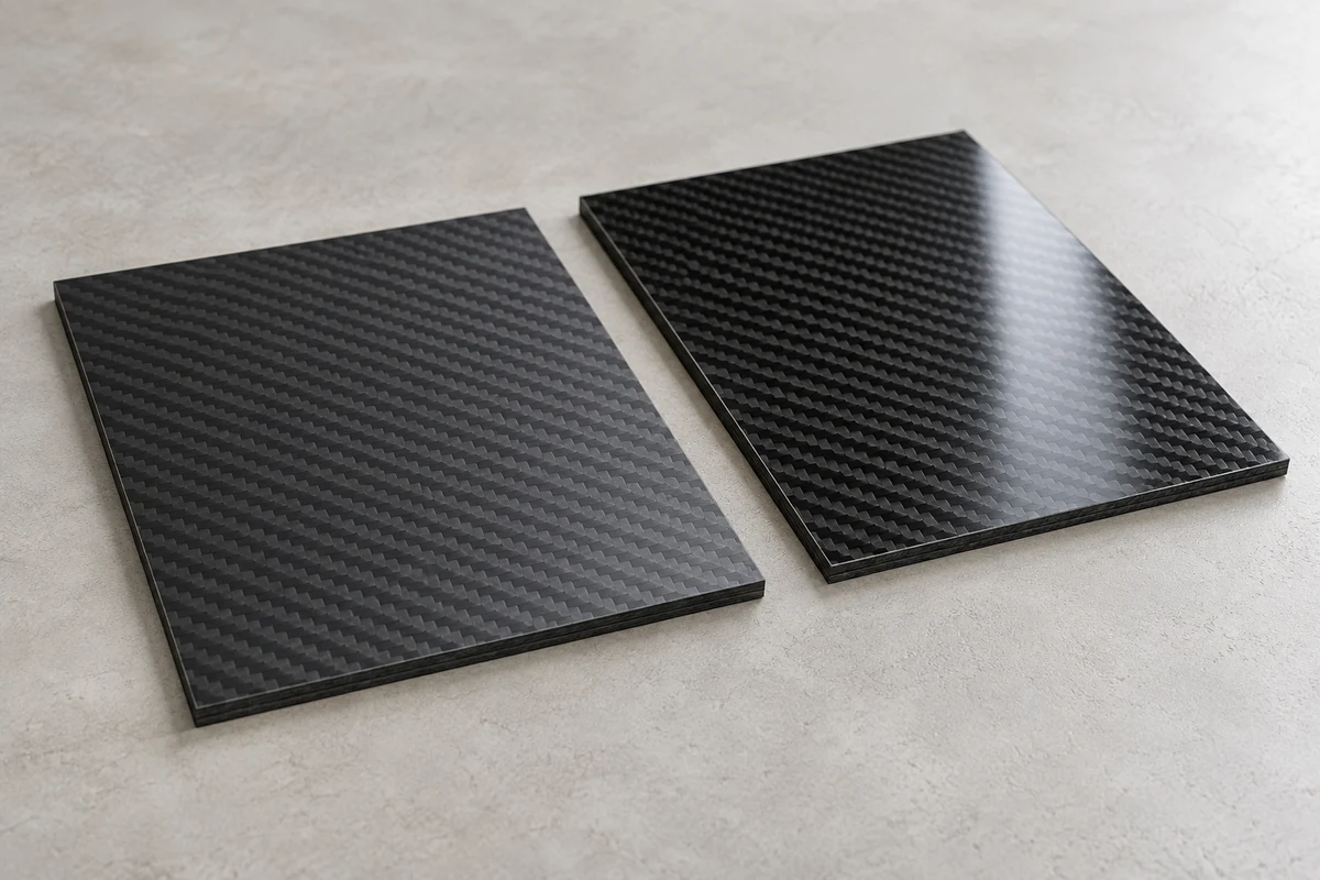 Matte and gloss carbon fiber panel examples with visible laminate edges