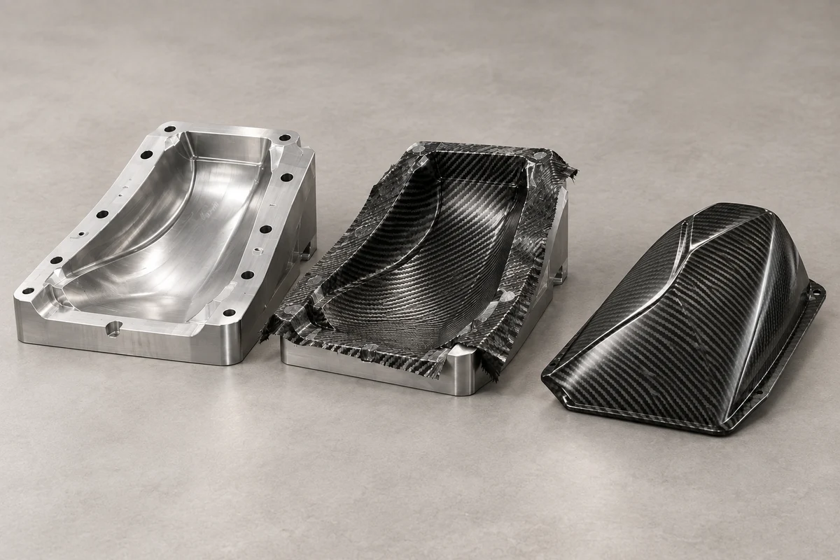 Metal mold, carbon fiber layup and trimmed cover illustrating custom component development