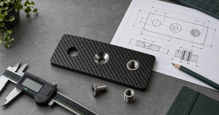 Original editorial illustration of a generic carbon fiber plate with a through-hole, countersink, threaded insert, drawing and caliper