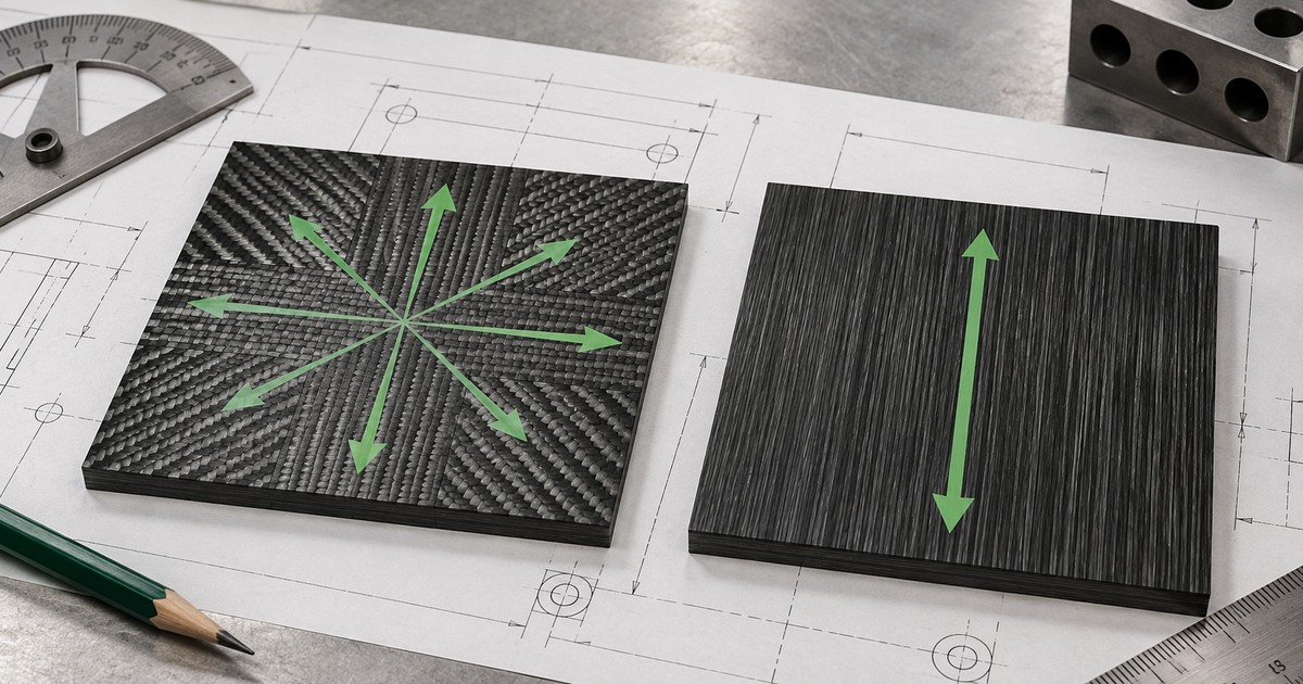 Original editorial illustration comparing multidirectional and unidirectional carbon fiber plates on an engineering drawing