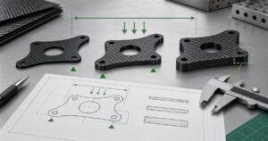 Original editorial illustration of three generic carbon fiber plates, a drawing and a caliper used to plan sheet thickness
