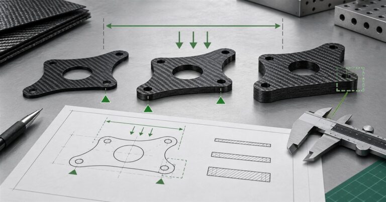 Original editorial illustration of three generic carbon fiber plates, a drawing and a caliper used to plan sheet thickness