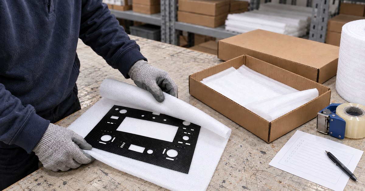 Illustration of a carbon fiber flat part and packing materials at a workshop bench