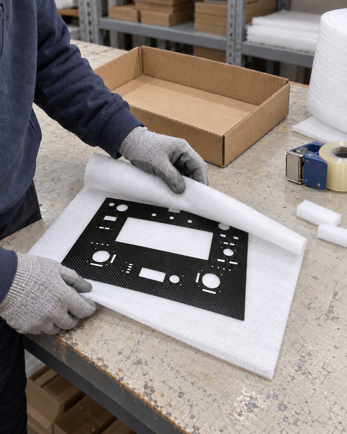 Illustration of protecting the faces and edges of a flat carbon fiber part during packing