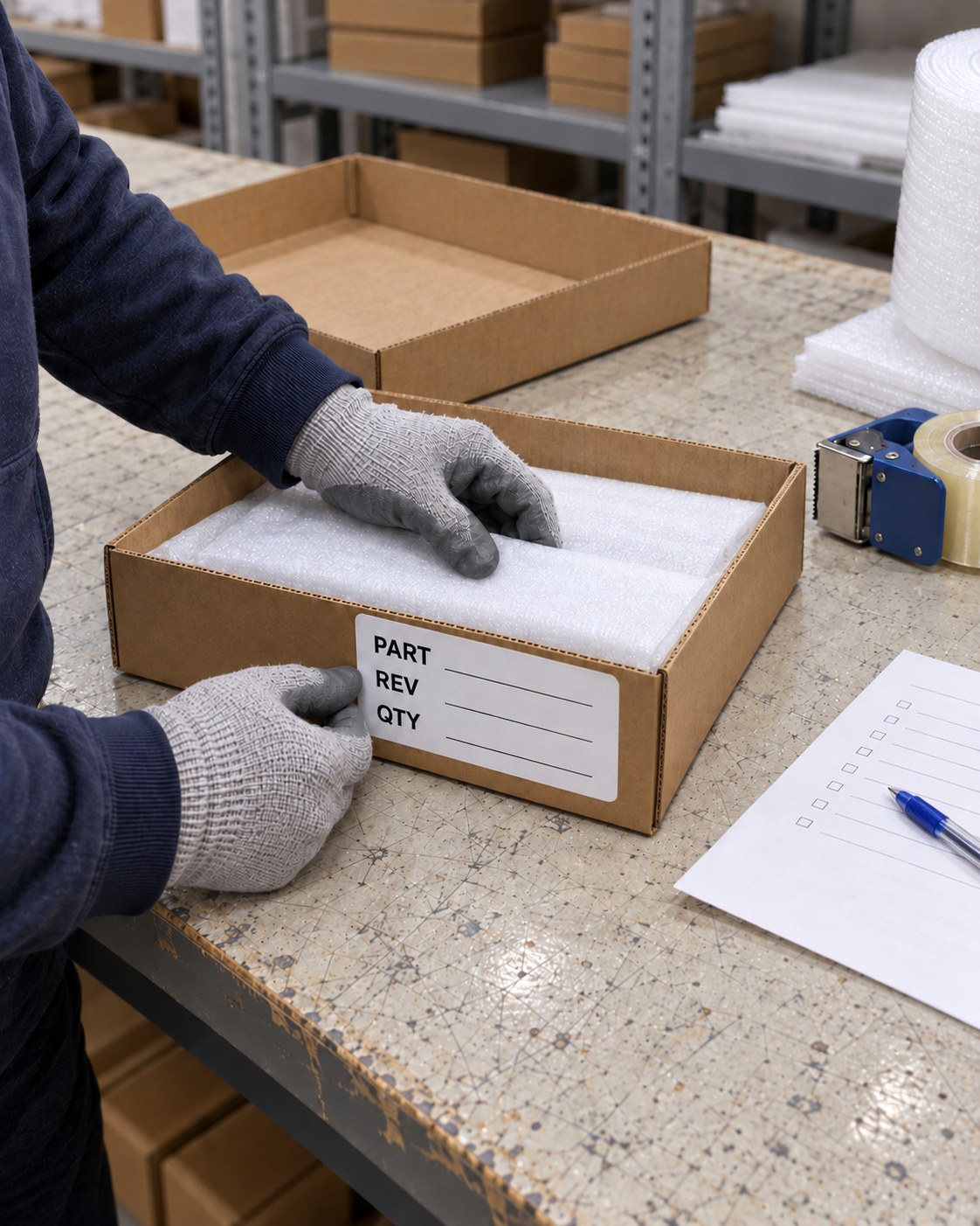 Illustration of a packing label with blank PART, REV and QTY fields beside a carbon fiber component