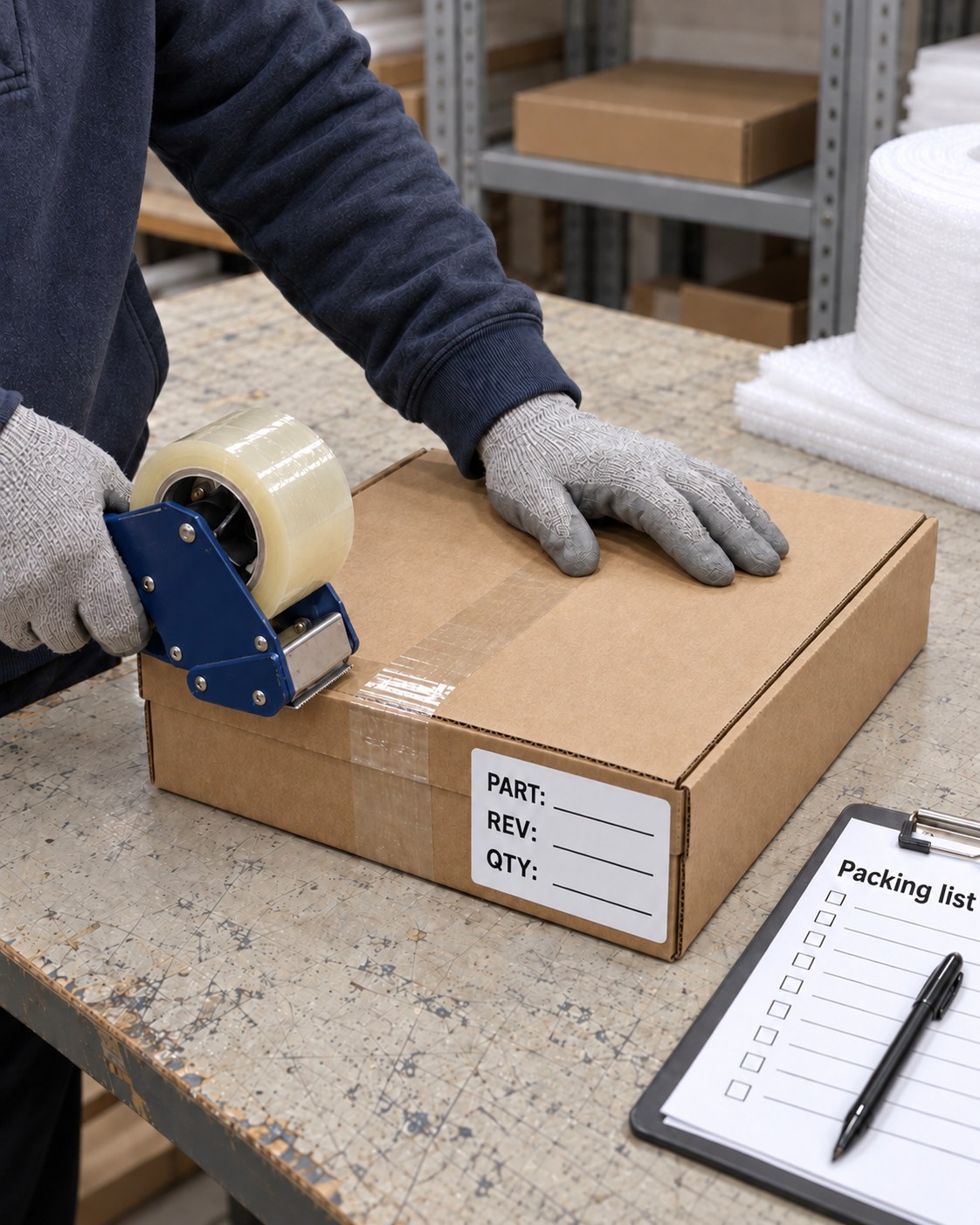 Illustration of carton closure and packing-list preparation for a carbon fiber part