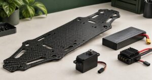 Original editorial illustration of a carbon fiber RC chassis plate beside separate battery, servo and speed-controller components
