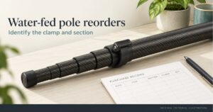 Original editorial illustration of a generic carbon-fiber water-fed pole and clamp beside a purchase record